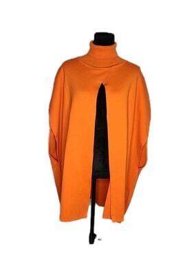 Jennifer Tyler Orange Turtle Neck Open Front Wool Cape Size Small